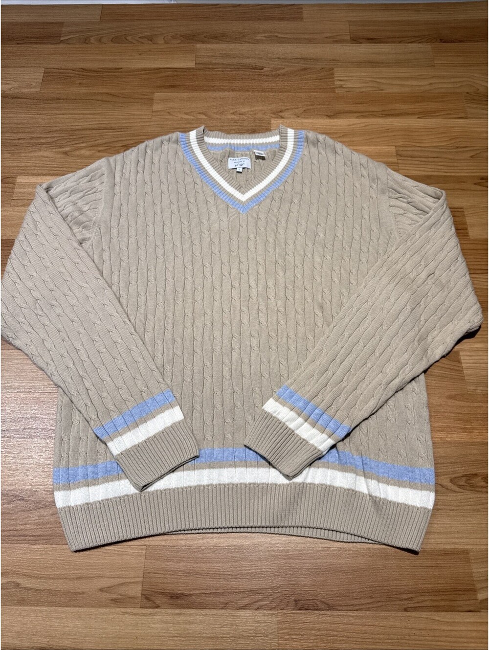 Alex Cannon Men’s Large Cable Knit V-Neck Sweater Tan Blue 100% Cotton